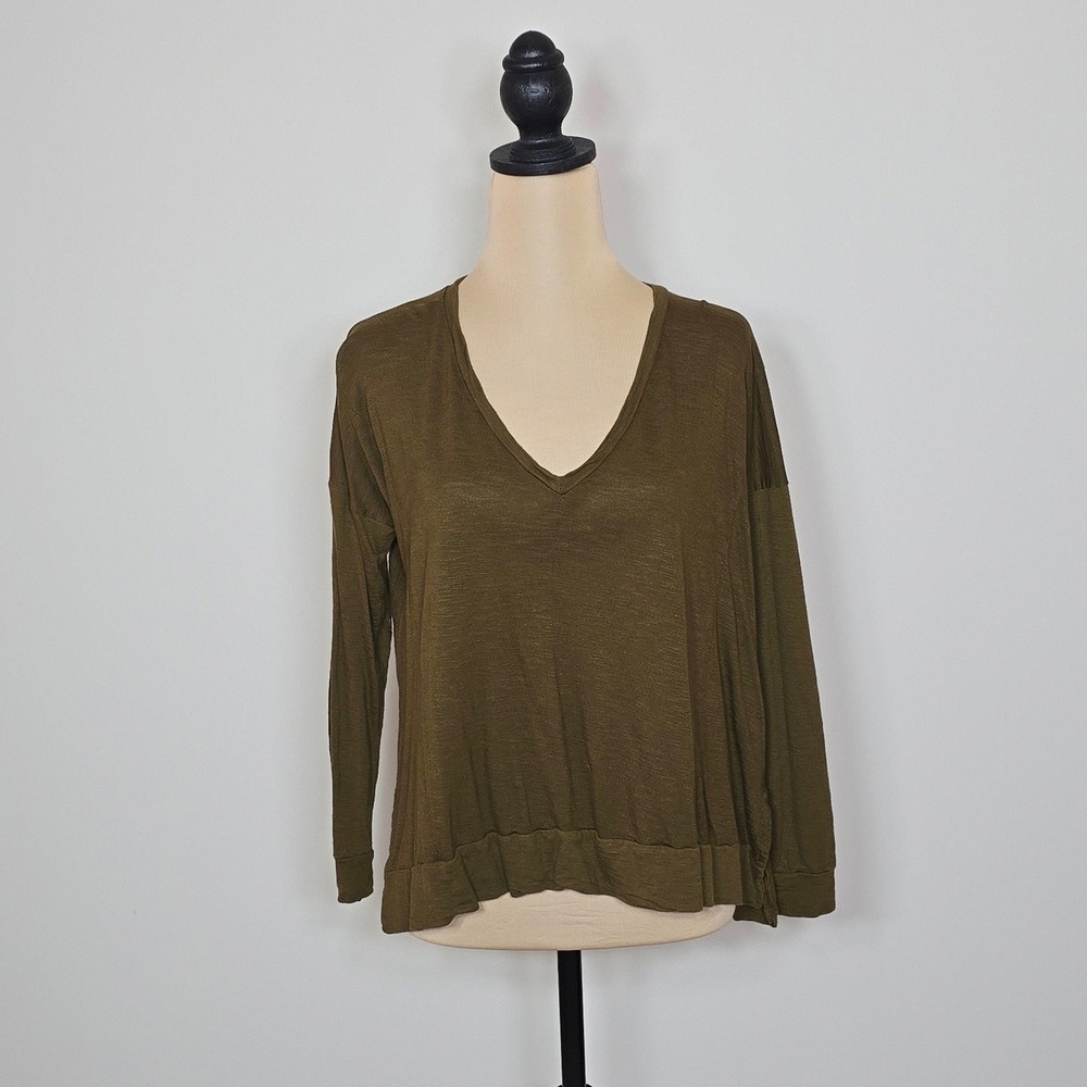 Khaki V-Neck Long Sleeve Women's Top